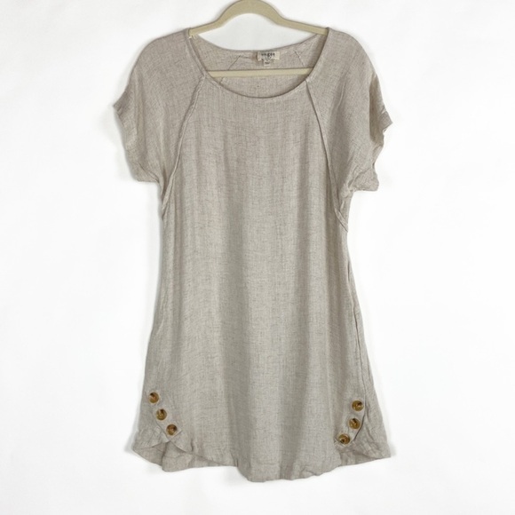 Umgee Linen Blend Tan Short Sleeve Top with Pockets Pullover Button Detail Tunic - Picture 1 of 16